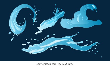 Água líquida dinâmica salta com gota caindo, onda do mar batendo e turbilhão. Para anunciar web design ou visuais de marketing. Ilustração vetorial.