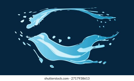 Água líquida dinâmica salta com gota caindo, onda do mar batendo e turbilhão. Para anunciar web design ou visuais de marketing. Ilustração vetorial.