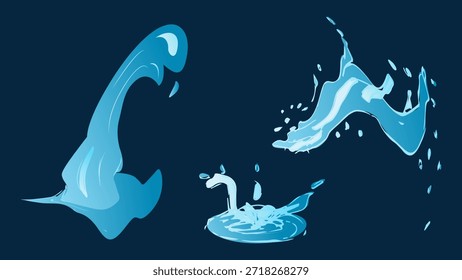 Água líquida dinâmica salta com gota caindo, onda do mar batendo e turbilhão. Para anunciar web design ou visuais de marketing. Ilustração vetorial.