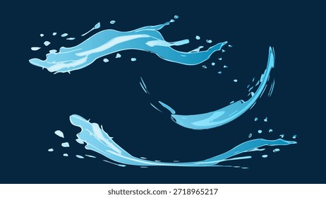 Água líquida dinâmica salta com gota caindo, onda do mar batendo e turbilhão. Para anunciar web design ou visuais de marketing. Ilustração vetorial.