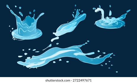 Salpicaduras de agua líquida dinámica con gotas que caen, olas de mar que se estrellan y remolinos. Para Diseños web publicitarios o visuales de marketing. Ilustración vectorial.