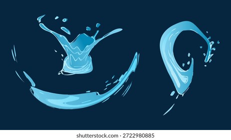 Água líquida dinâmica salta com gota caindo, onda do mar batendo e turbilhão. Para anunciar web design ou visuais de marketing. Ilustração vetorial.
