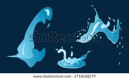 Dynamic liquid water splash with falling droplet, crashing sea wave and swirling eddies. For advertising web design or marketing visuals. Vector illustration.