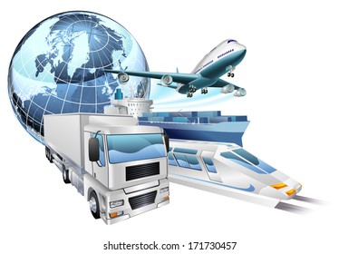 Dynamic logistics city business concept with delivery transport vehicles and globe