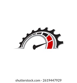 Logotipo dinâmico combinando engrenagem e velocímetro, simbolizando velocidade, eficiência e desempenho automotivo.