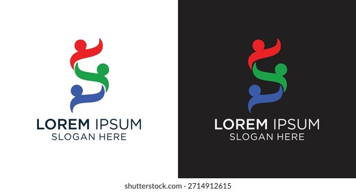 Diseño de logotipo dinámico con figuras humanas abstractas coloridas que significan trabajar juntos para lograr la cima de los objetivos y el éxito.