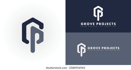 The dynamic logo design creatively integrates the initials GP within a striking hexagonal shape, creating a unique symbol that evokes a sense of structure, precision, and architectural innovation.