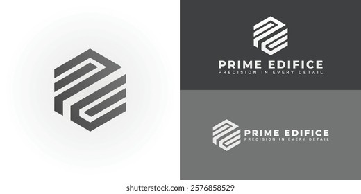 The dynamic logo design features the initials PE creatively integrated within a striking hexagonal shape, creating a unique and visually striking symbol that evokes a sense of structure and precision