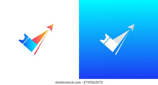 Dynamic logo design featuring a paper airplane soaring upwards from a stylized ticket, available in vibrant gradient colors and a clean monochromatic version against a blue backdrop. Ideal for trav...