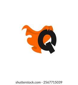 A dynamic logo design featuring a stylized Q letter with a flowing orange cape attached, evoking the image of a superhero