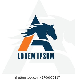 Dynamic logo design showcasing a powerful horse head integrated into a stylized letter A, featuring bold blue and orange colors