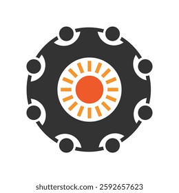 A dynamic logo featuring a central sun within a gear, surrounded by stylized figures representing community and collaboration. Ideal for social networking, teamwork platforms, renewable energy, etc.