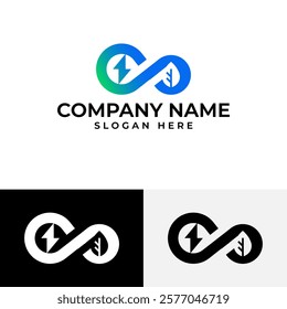 A dynamic logo featuring an infinity symbol incorporating a lightning bolt and a leaf. This design symbolizes sustainable energy, endless possibilities, and the balance between technology and nature. 