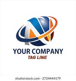 Logotipo dinámico con la letra "A" dentro de un globo 3D con anillos oscilantes en azul y naranja.