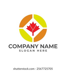 dynamic logo with red maple leaf centered within a segmented circle. conveys energy, growth, and Canadian identity, for businesses in various sectors, from technology and innovation