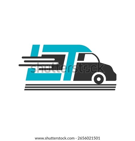 A dynamic logo for transportation, featuring stylized "LT" letters merging with a fast-moving delivery truck silhouette in teal and black, with speed lines