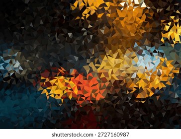 Dynamic low polygon mosaic artwork capturing the luminous energy of urban light reflections and the captivating glow of a modern cityscape