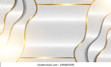 Dynamic Luxurious White Grey Background Abstract Highlight With Gold Line 3d. Papercut Combination Of Luminous Dots. White Overlap Layers Modern Design For Mockup Logo. Eps 10 Editable Vector