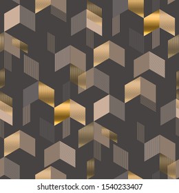 Dynamic luxury gold and beige abstract seamless pattern for background, fabric, textile, wrap, surface, web and print design. Decorative arrow geometric shape rapport.
