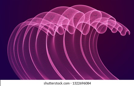 Dynamic magic particles wave flowing over dark, transparent tulle textile on wind. Dotted curves vector abstract background. Beautiful 3d wave shaped array of blended points.