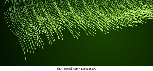 Dynamic magic particles wave flowing over dark, transparent tulle textile on wind. Dotted curves vector abstract background. Beautiful 3d wave shaped array of blended points.