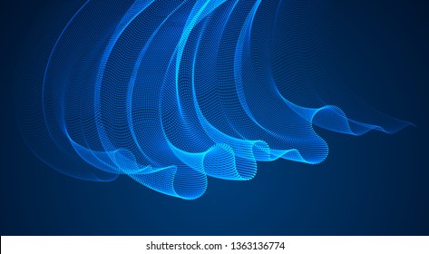 Dynamic magic particles wave flowing over dark, transparent tulle textile on wind. Dotted curves vector abstract background. Beautiful 3d wave shaped array of blended points.