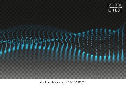 Dynamic Magic Particles Wave Flowing. Beautiful 3d Wave Shaped Array of Blended Points. Vector Illustration Transparent Background