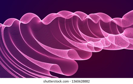 Dynamic magic wave transparent tulle textile on wind over dark, particles flow, effect in motion. Vector abstract background. 3d shape dots blended mesh, relaxing calming wallpaper.