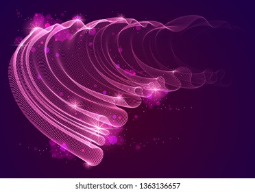 Dynamic magic wave transparent tulle textile on wind over dark, particles flow, effect in motion. Vector abstract background. 3d shape dots blended mesh, relaxing calming wallpaper.