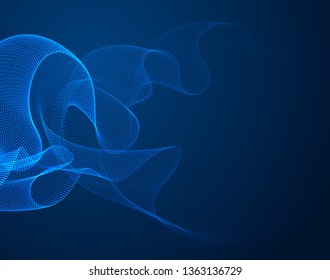 Dynamic magic wave transparent tulle textile on wind over dark, particles flow, effect in motion. Vector abstract background. 3d shape dots blended mesh, relaxing calming wallpaper.