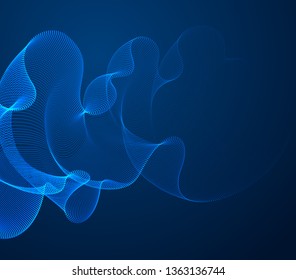 Dynamic magic wave transparent tulle textile on wind over dark, particles flow, effect in motion. Vector abstract background. 3d shape dots blended mesh, relaxing calming wallpaper.