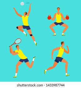 Dynamic man doing sport exersises. Set of different kinds of sport: volleyball, tennis, fitness, run. Sport and healthy lifestyle illustration for your design.