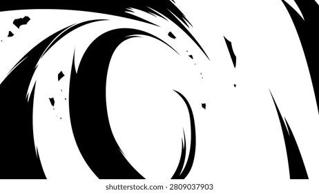Dynamic manga spiral impact with rough brush ink texture and flying debris. Abstract black and white vortex energy effect for anime action scenes, comic attacks, motion graphics, transitions, and transparent background overlays.
