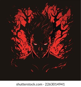 Dynamic manga-style illustration of an angry man with glowing red eyes surrounded by a fiery red aura. Depicts rage, power, and darkness. Perfect for anime, fantasy, and gaming projects.
