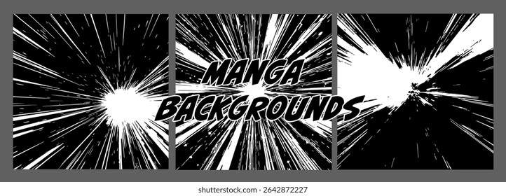 Dynamic manga-style vector illustration featuring bold black and white radial lines, energetic burst shapes. Follows current popular comic-style trend with high-contrast colors and dramatic effects.