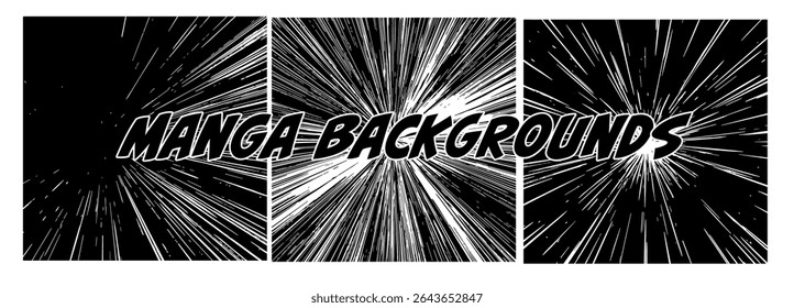 Dynamic manga-style vector illustration featuring bold black and white radial lines, energetic burst shapes. Follows current popular comic-style trend with high-contrast colors and dramatic effects.