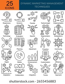 Dynamic marketing management techniques  icons in line style. Containing Responsive, Dynamic, Flexible, Tactical target, Implementation, Technology, Evaluation, Specific, Segmentation and more 