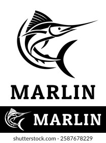 A dynamic marlin fish logo with a sleek, modern, and abstract design in black and white