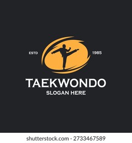 Dynamic martial arts logo featuring a black silhouette of a fighter performing a high kick against an orange circular splash background. Ideal for karate,  schools.