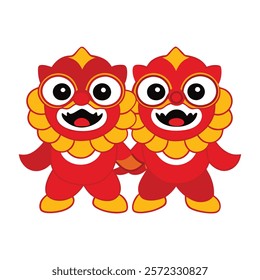 Dynamic mascot logo featuring two vibrant Chinese lions in mid-dance, showcasing bold colors, intricate details, and festive energy, symbolizing luck and cultural celebration.