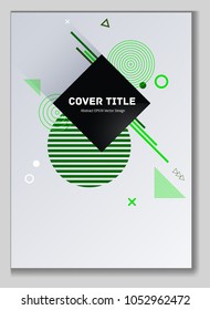 Dynamic memphis design placard vector with white, green and jade shapes. Cool memphis tile placard page. Front page illustration for college notebook, dairy or notepad.