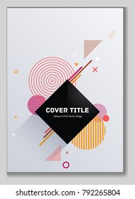 Dynamic memphis front cover background with white, pink, red and orange geometrical shapes. Minimalistic front page surface. Colorful title page design for business notebook, dairy or notepad.