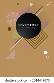 Dynamic memphis front cover vector with white, violet and green geometrical shapes on brown background. Minimalistic front page texture. Color title page vector for student notebook, dairy or notepad.