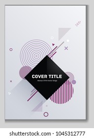 Dynamic memphis front cover vector with white, purple and violet geometrical shapes. Minimalistic front page theme. Colorful title page graphic design for college notebook, dairy or notepad.