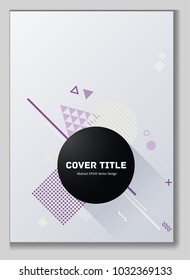 Dynamic memphis neo pattern with white, violet and purple geometrical shapes. Minimalistic front surface. Colorful memphis neo style pattern for marketing purpose.