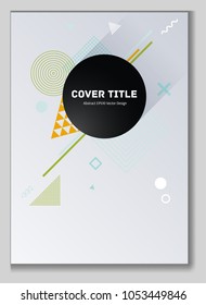 Dynamic memphis notepad cover background. Cool memphis tile front page with white, green, orange and cyan geometrical shapes. Memphis notepad cover vector for marketing purpose.