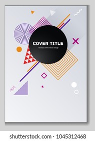 Dynamic memphis notepad cover pattern. Cool memphis template front page with white, orange, red and violet geometrical shapes. Memphis notepad cover illustration for college purpose.