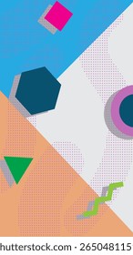 Dynamic Memphis style background with various geometric shapes, diagonal divisions, and halftone patterns in bright colors. Suitable for modern art, fashion, or youth-oriented digital content, exuding