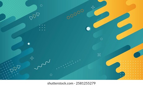 Dynamic Memphis-style background featuring teal and yellow hues with geometric shapes, dotted patterns, and playful accents. Perfect for presentations, web design, and creative projects.