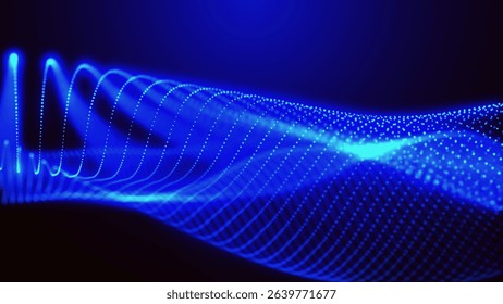 Dynamic and mesmerizing blue wave patterns of light, energy and artistic expression, evoking a sense of energy and innovation. Wide format vector illustration.